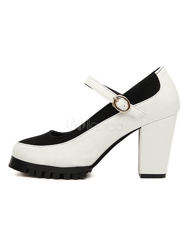 White Chunky Heel Color Block PU Leather Round Toe Woman's High Heels ...