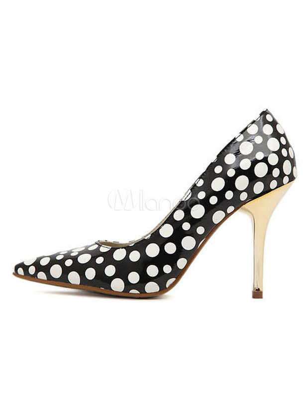 Polka Dot Black Stiletto Heel Patent PU Pointy Toe Shoes - Milanoo.com