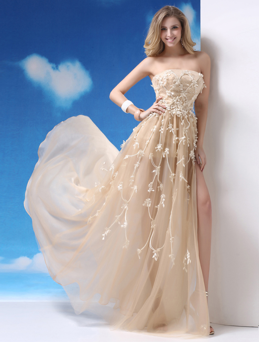 Sweet Champagne Strapless Split Front A Line Tulle Prom Dress Milanoo