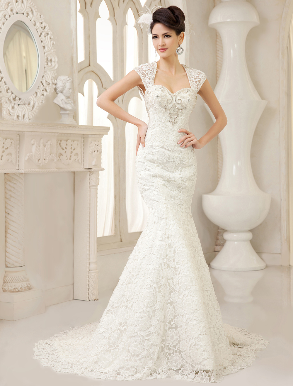 White Mermaid Queen Anne Neck Pearls Sweep Lace Bridal Wedding
