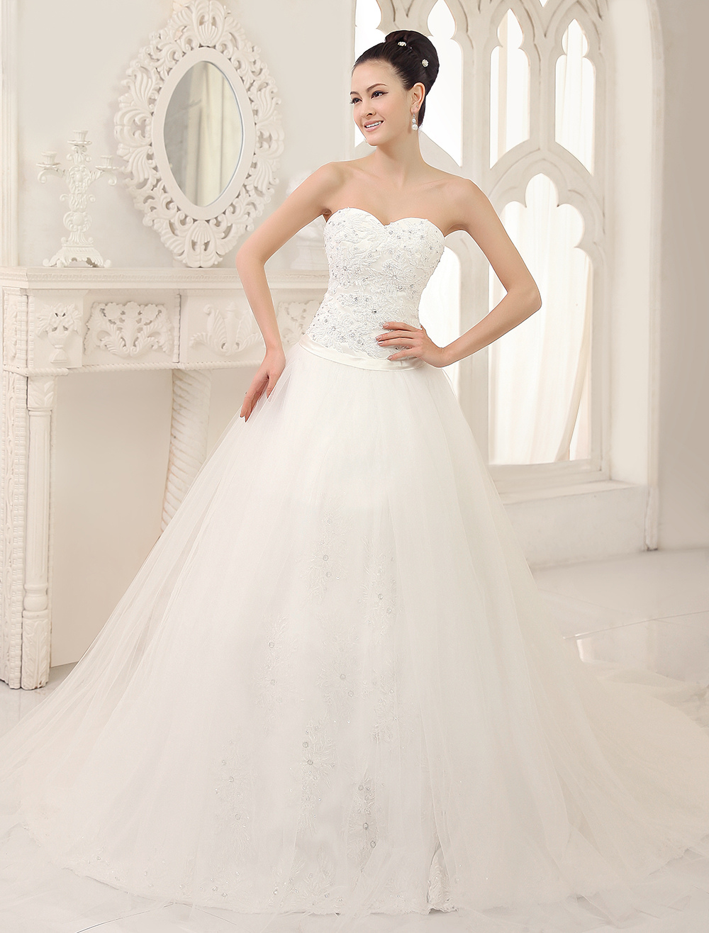 Classic A-line Chapel Train Ivory Lace Wedding Dress For Bride with ...