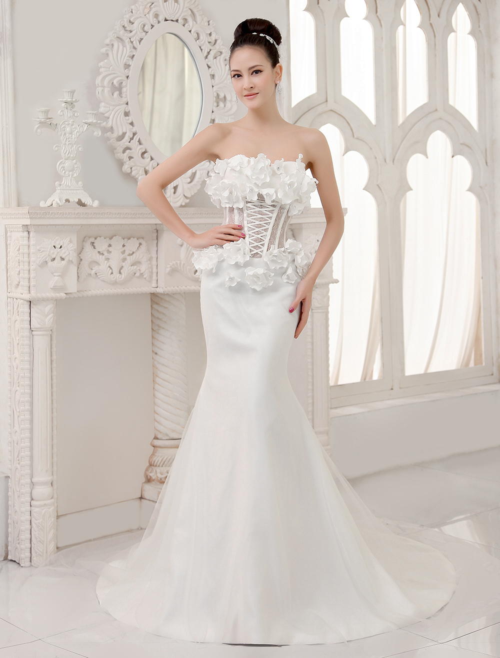 Ivory Mermaid Strapless Flower Court Train Bridal Wedding Dress Milanoo
