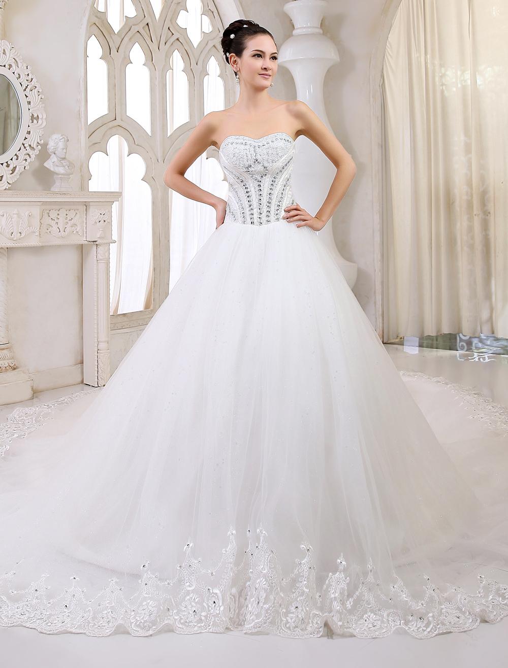 Cathedral Train Ivory Bridal A-line Lace Wedding Gown with Sweetheart ...