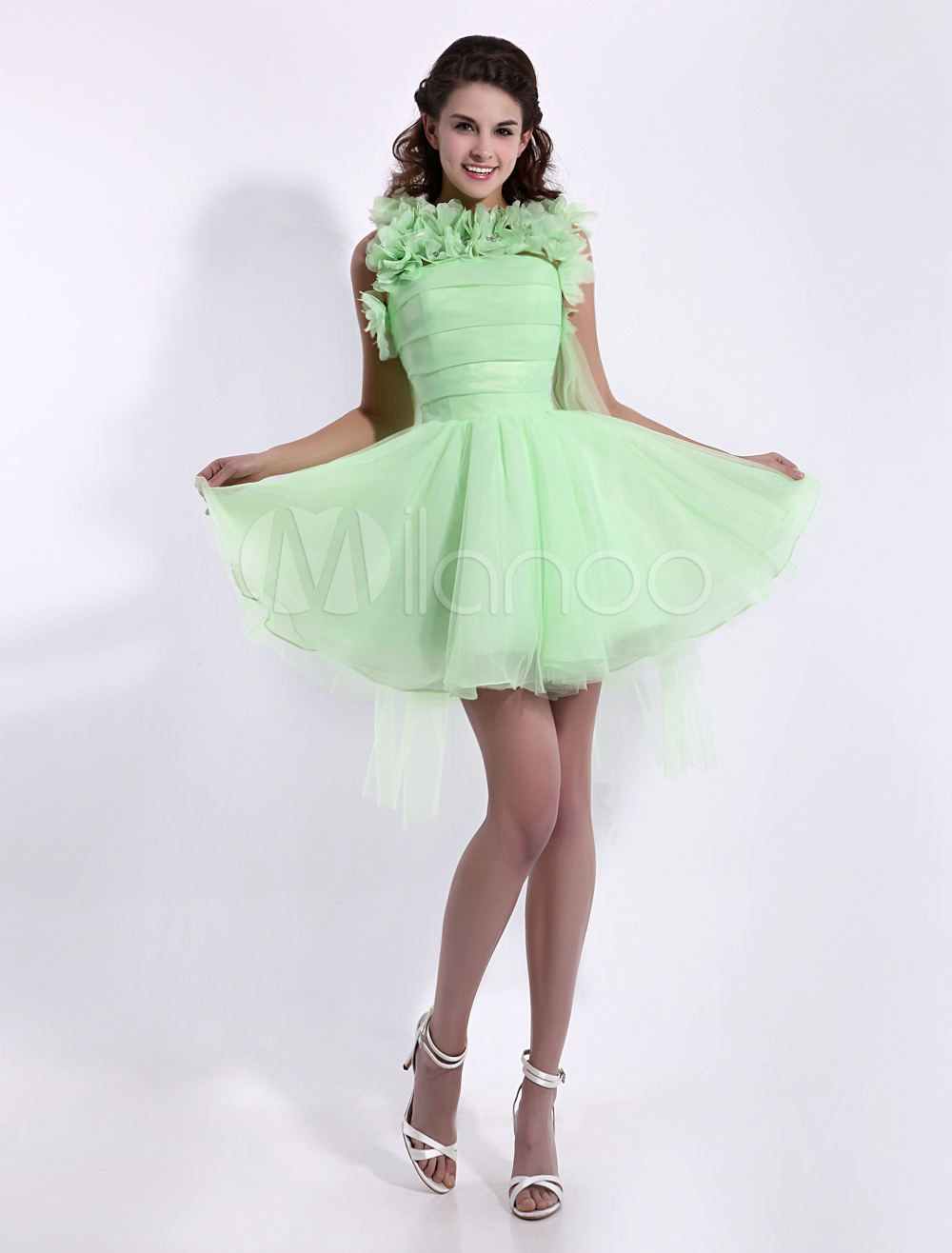 Lime Green Flower Aline Short Prom Dress with Jewel Neck Organza