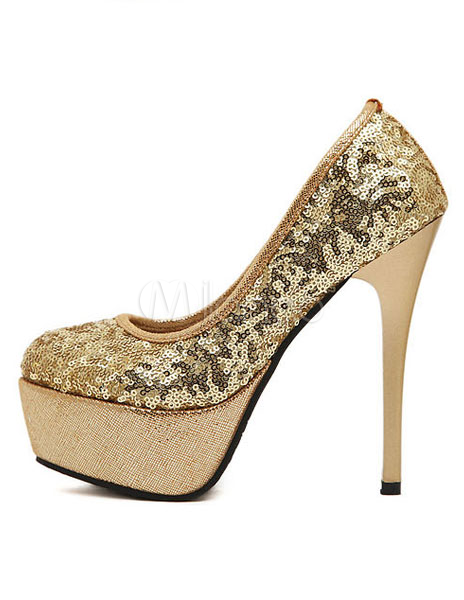 round toe gold pumps