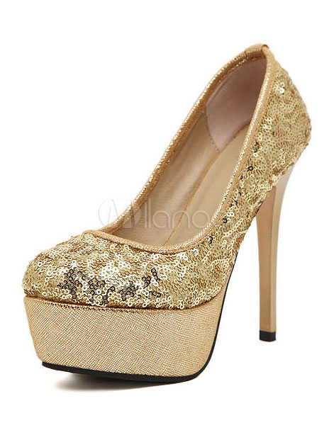 Sexy Gold Round Toe Sequined Cloth Platform Pumps For Woman - Milanoo.com
