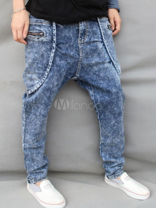 Cool Blue Solid Color Pockets Denim Mens Harem Jeans - Milanoo.com