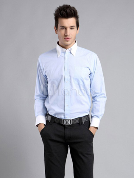 Formal Light Sky Blue Button Down Neck Long Sleeves Dress Shirt For Men ...