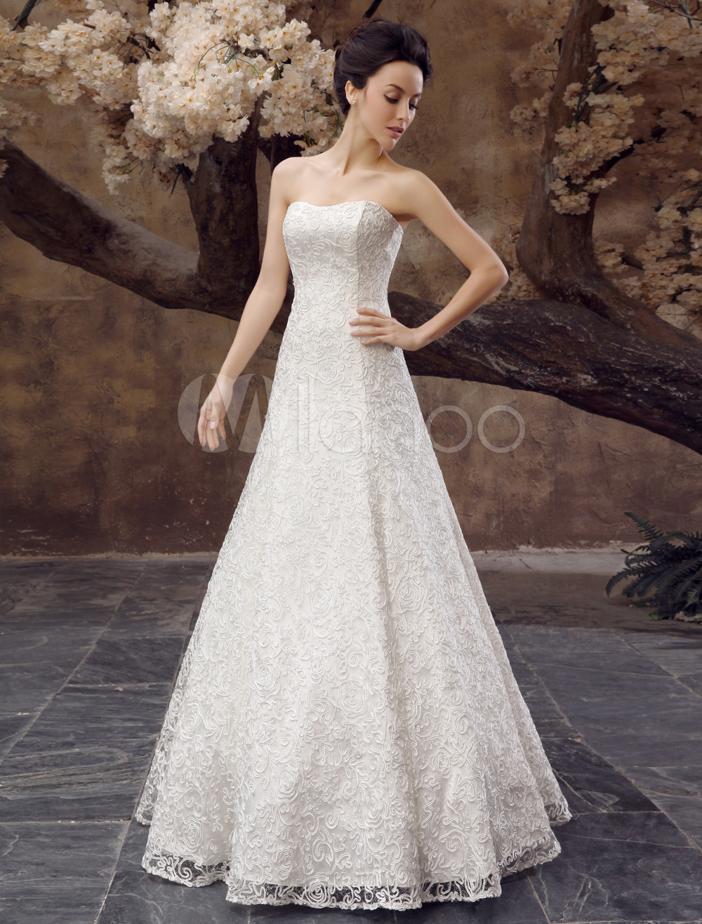 White A Line Strapless Sweetheart Embroidered Floor Length Brides Wedding Dress 8482