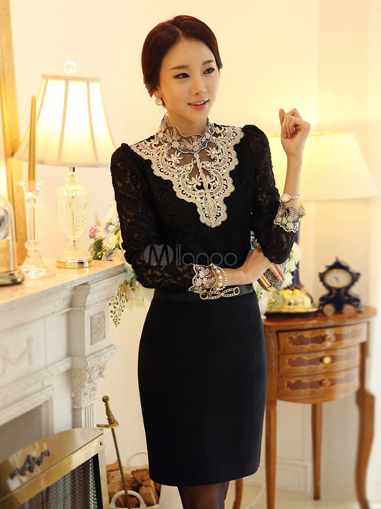 Long Sleeves Lace Chic Blouse For Women - Milanoo.com