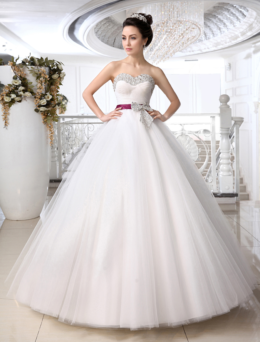 White Ball Gown Sweetheart Neck Strapless Bow Floor Length Tulle Bridal Wedding Dress 3464