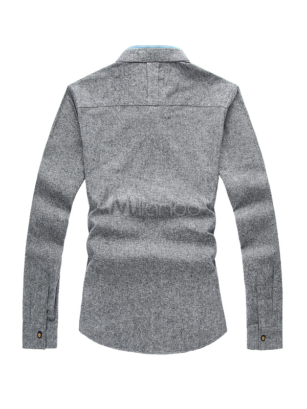 Spread Neck Long Sleeves Solid Color Cotton Means Casual Shirt