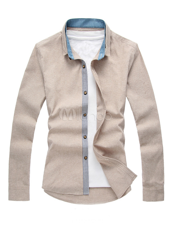 Spread Neck Long Sleeves Solid Color Cotton Means Casual Shirt