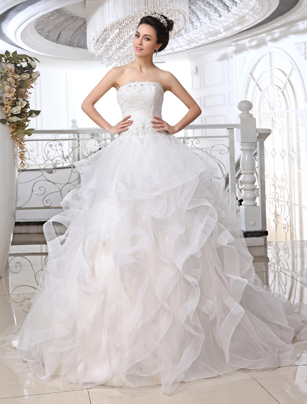 Ivory A-line Strapless Lace Court Train Wedding Dress For Bride ...