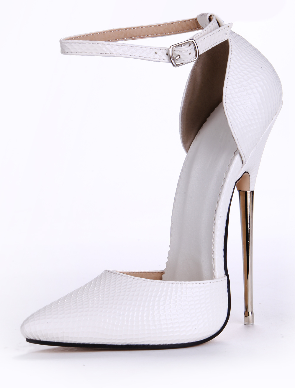 White Leather Pointed Toe Ankle Strap Sexy Pumps