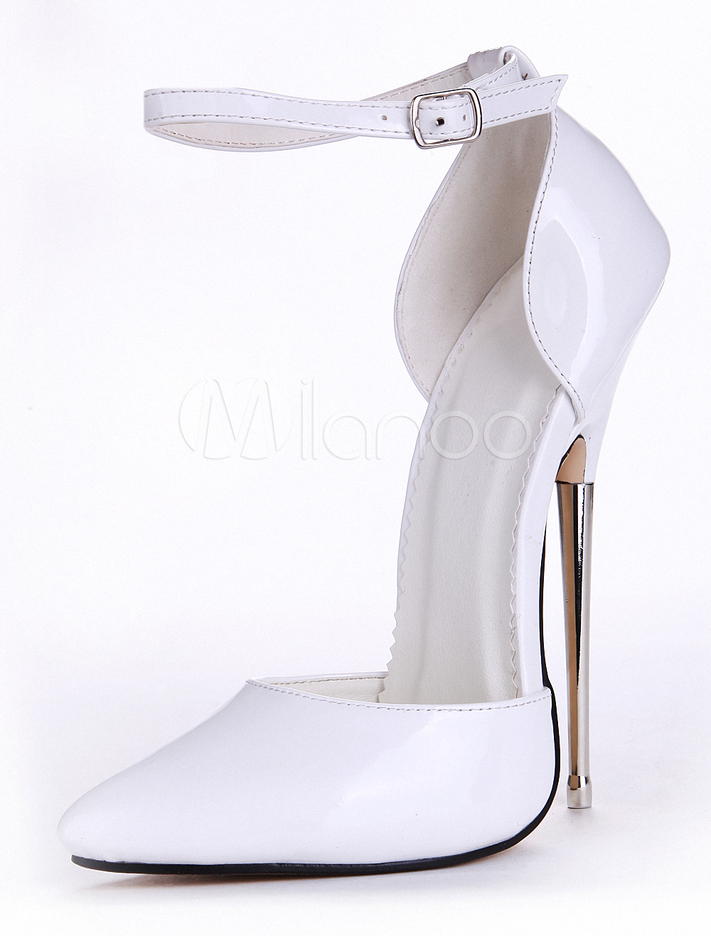 White Buttons Pointed Toe Patent Ankle Strap Sexy Pumps 1009