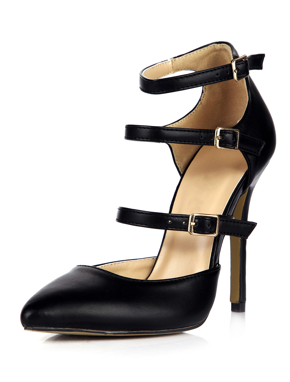 Attractive Black Stiletto Heel PU Leather Womens Pointy Toe Heels ...