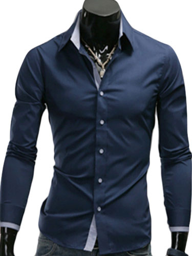 Deep Blue Men Shirt Slim Fit Long Sleeve Cotton Dress Shirt - Milanoo.com