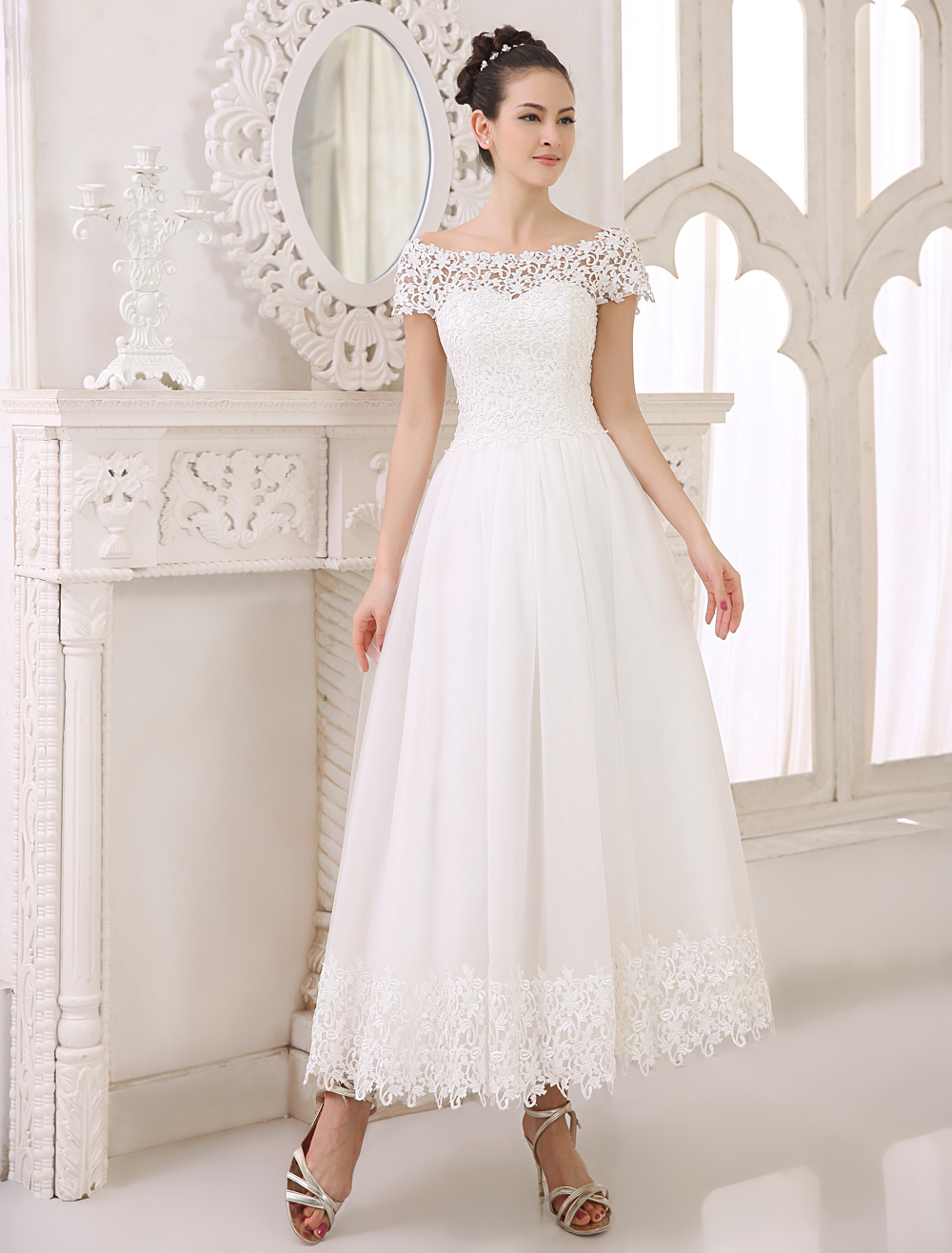 Ivory A Line Bateau Neck Lace Ankle Length Tulle Bridal Wedding