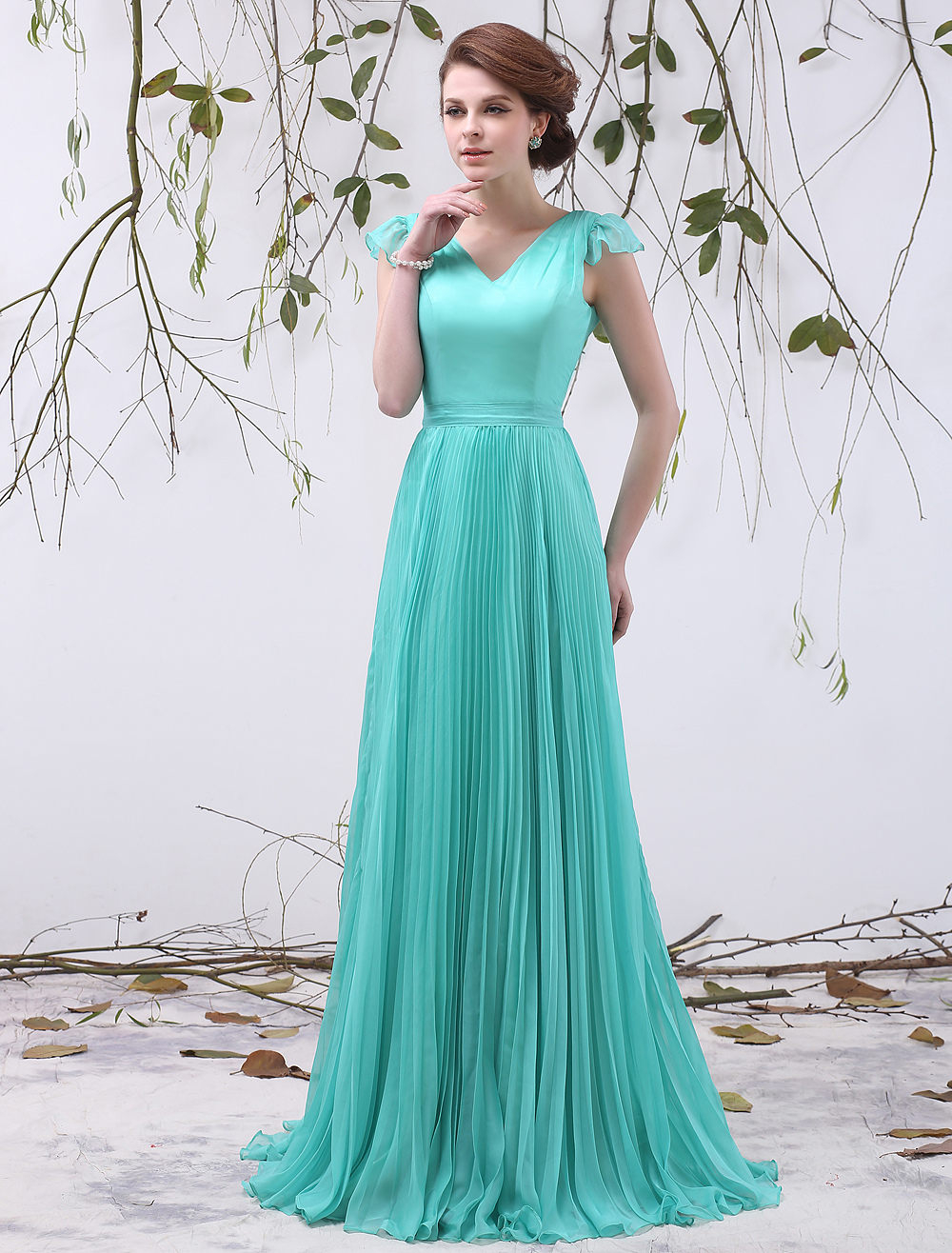 Chiffon Bridesmaid Dress Turquoise V Neck Prom Dress A Line Pleated ...