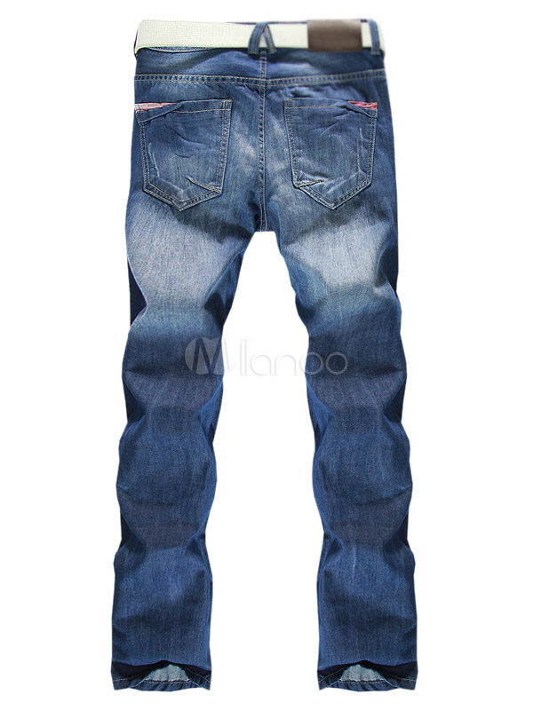 Blue Pleated Distressed Cotton Smart Straight Mens Fashion Jeans