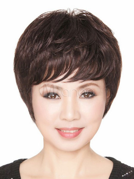 Elegant Chestnut Brown Short Straight Human Hair Wigs For Women