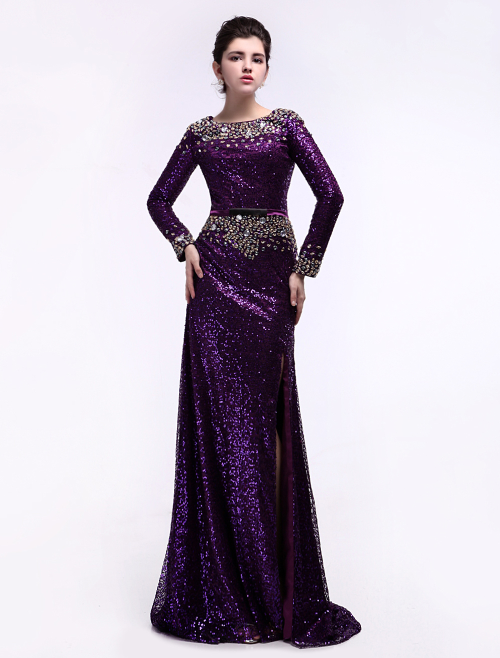 long sleeve purple sequin dress
