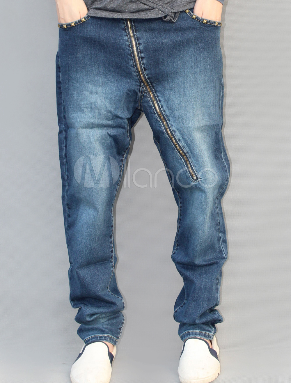 Blue Zipper Solid Color Denim Comfy Harem Jeans For Men