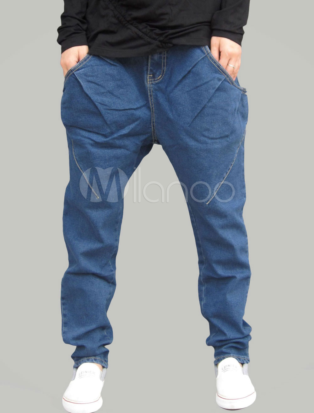 Quality Deep Blue Solid Color Pleated Denim Harem Mens Fashion Jeans ...