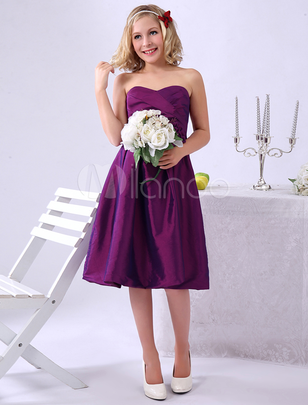 Purple Knee Length Sweetheart Dress with Cut Flower