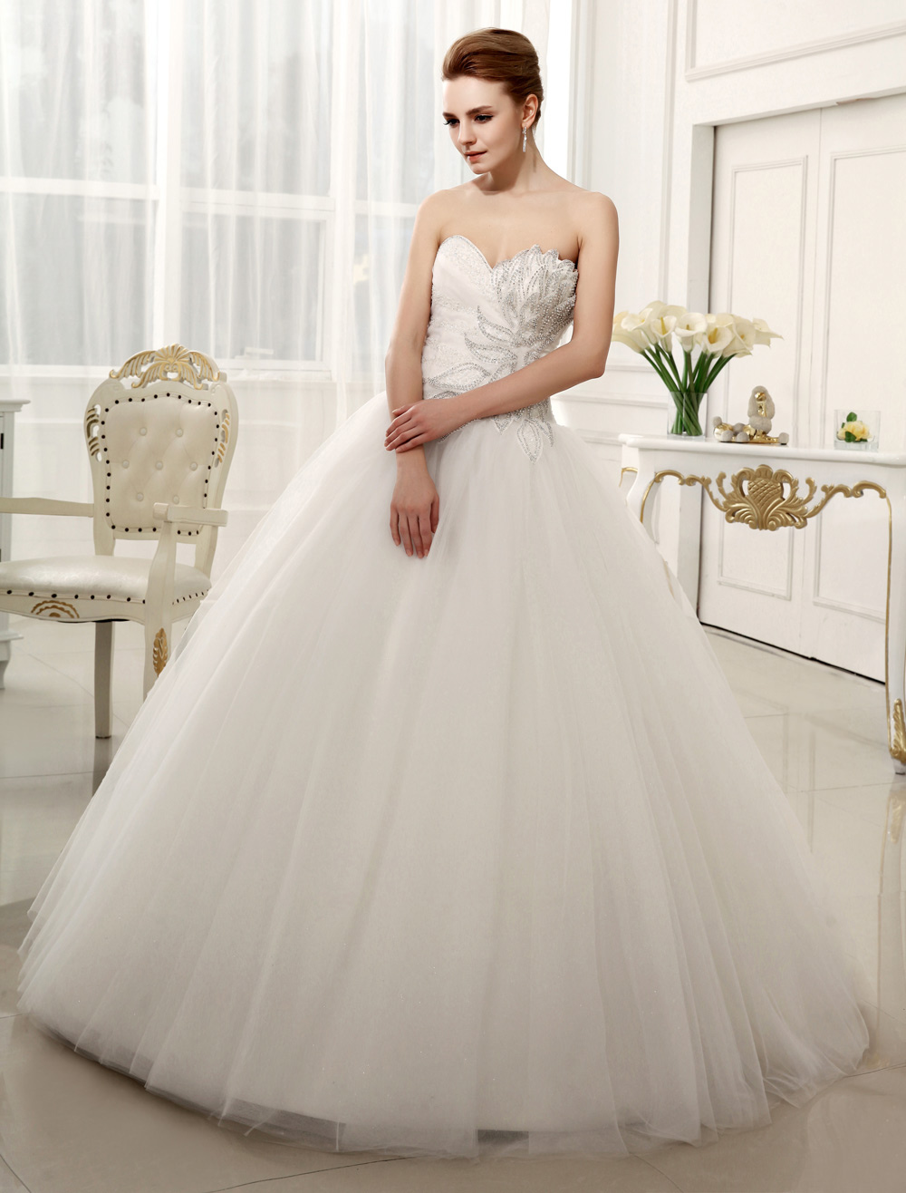 Beading Floor-Length Ivory Ball Gown Bridal Wedding Dress with ...