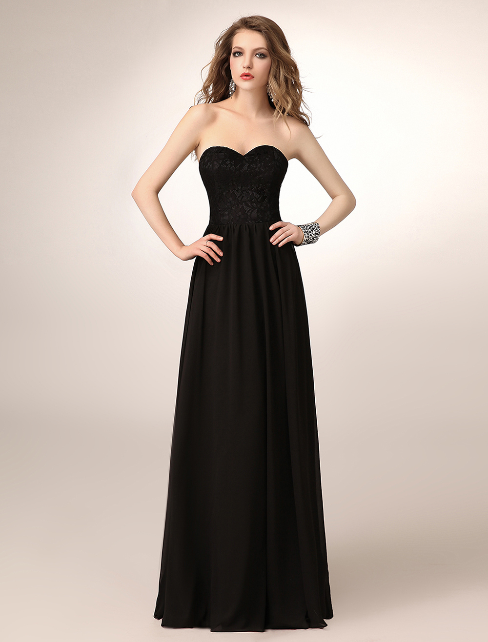 Floor-Length Black A-line Lace Chiffon Bridesmaid Dress with Sweetheart ...