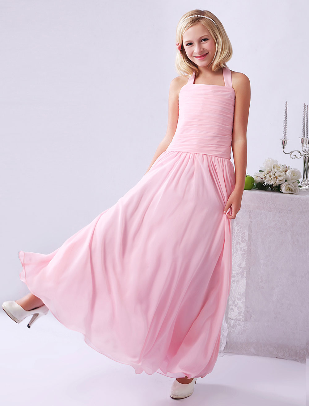 A-line Pink Chiffon Pleated Halter Junior Bridesmaid Dress - www.bagsaleusa.com/product-category/scarves/