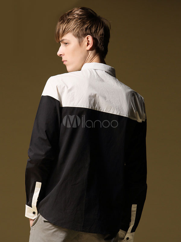 Split Color Spread Neck Long Sleeves TwoTone Cotton Casual Shirt For