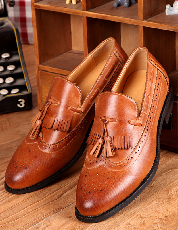 Light Brown Tassel Pointed Toe Patent PU Smart Mens Casual Shoes