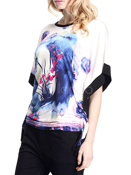 Floral Print Polyester Draped Half Sleeves Womens Oversized T-shirt ...