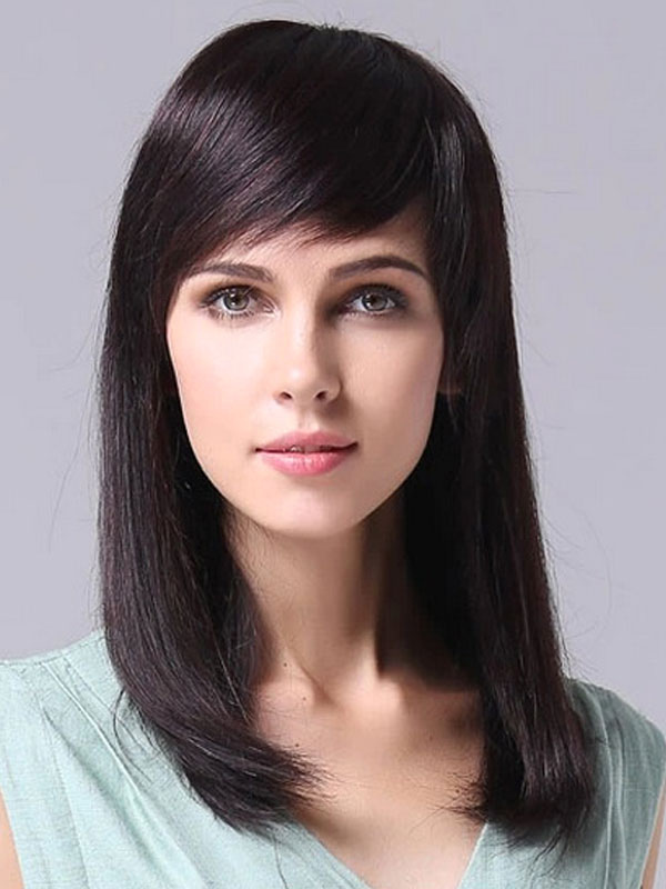 Sideswept Bangs Chestnut Brown Long Human Hair Womens Synthetic Wig