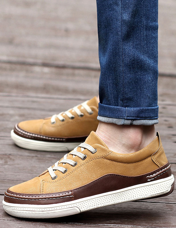 Yellow Strapped Round Toe Leather Lace Up Mens Casual Shoes - Milanoo.com