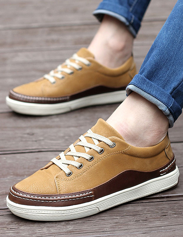 Yellow Strapped Round Toe Leather Lace Up Mens Casual Shoes