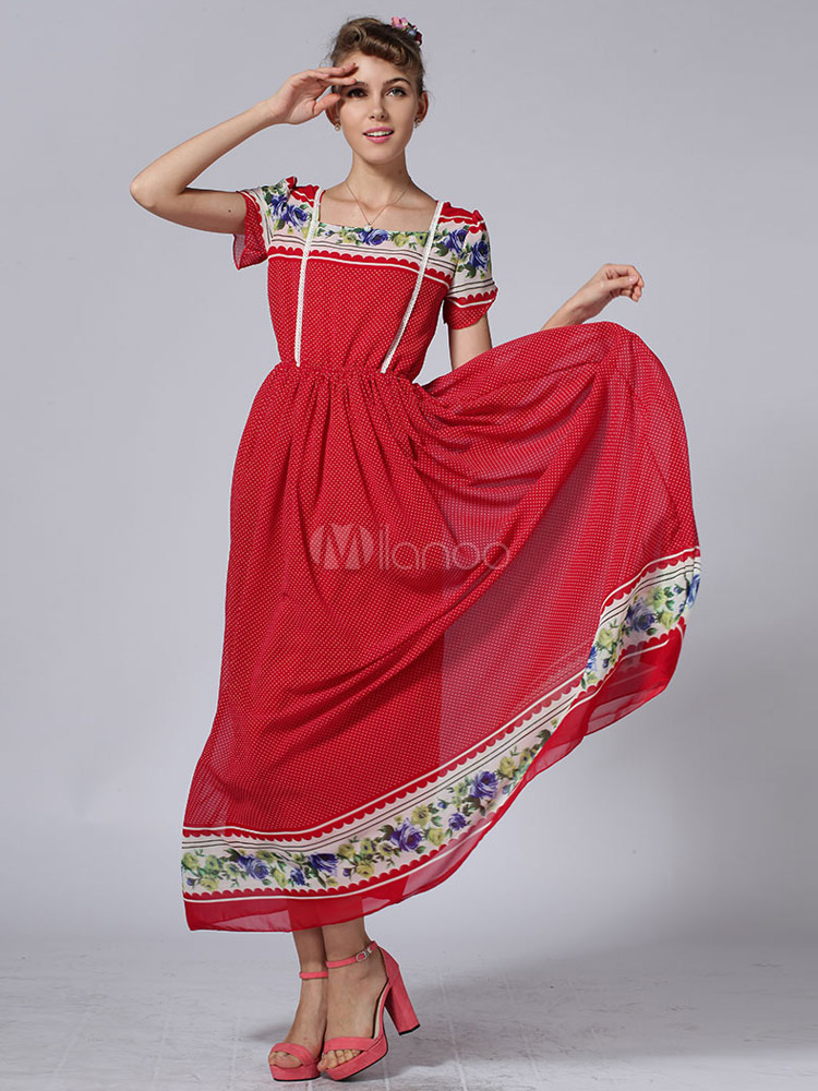 Fashion Red Square Neck Pleated Short Sleeves Maxi Dress for Woman ...