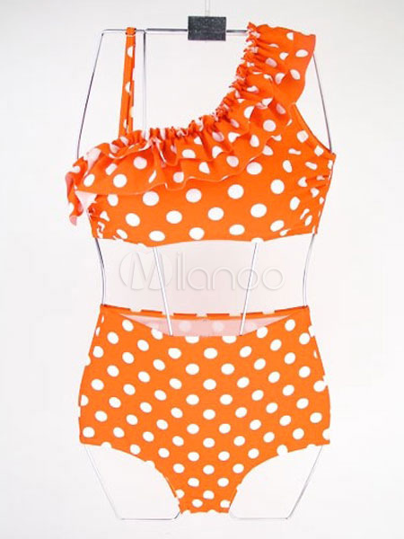 Polka Dot High Waist Asymmetrical One-Shoulder Lycra Spandex Swimsuit ...