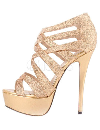 Chic Gold Sequined Cloth Stiletto Heel Womens Gladiator Sandals ...