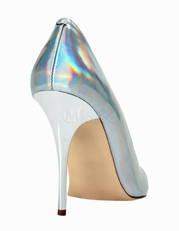 Silver Glitter Pointed Toe PU Leather Glamorous Womens MidLow Heels