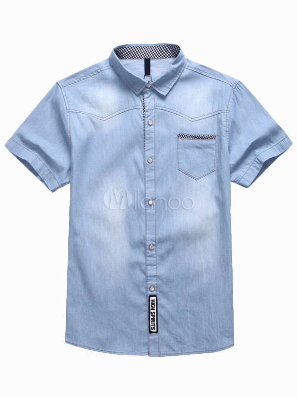 Blue Denim Distressed Shaping Spread Neck Mans Casual Shirt - Milanoo.com