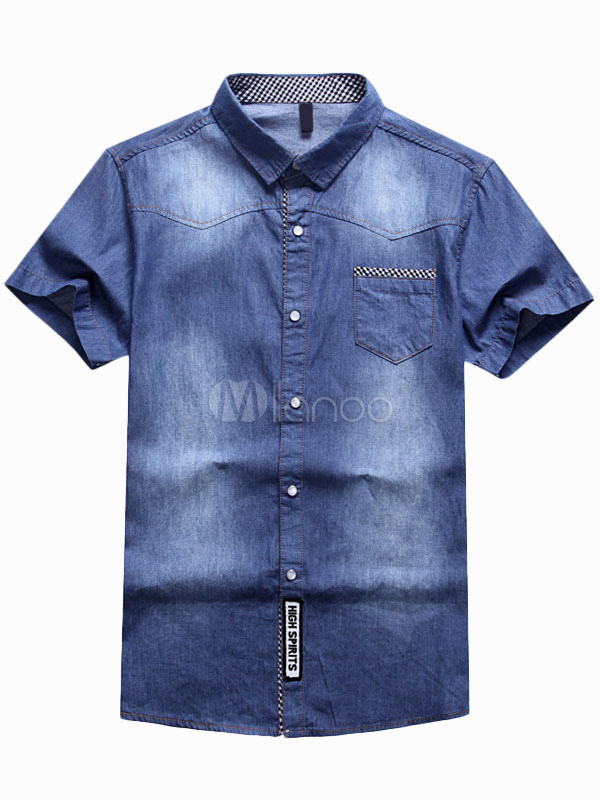 Blue Denim Distressed Shaping Spread Neck Mans Casual Shirt - Milanoo.com
