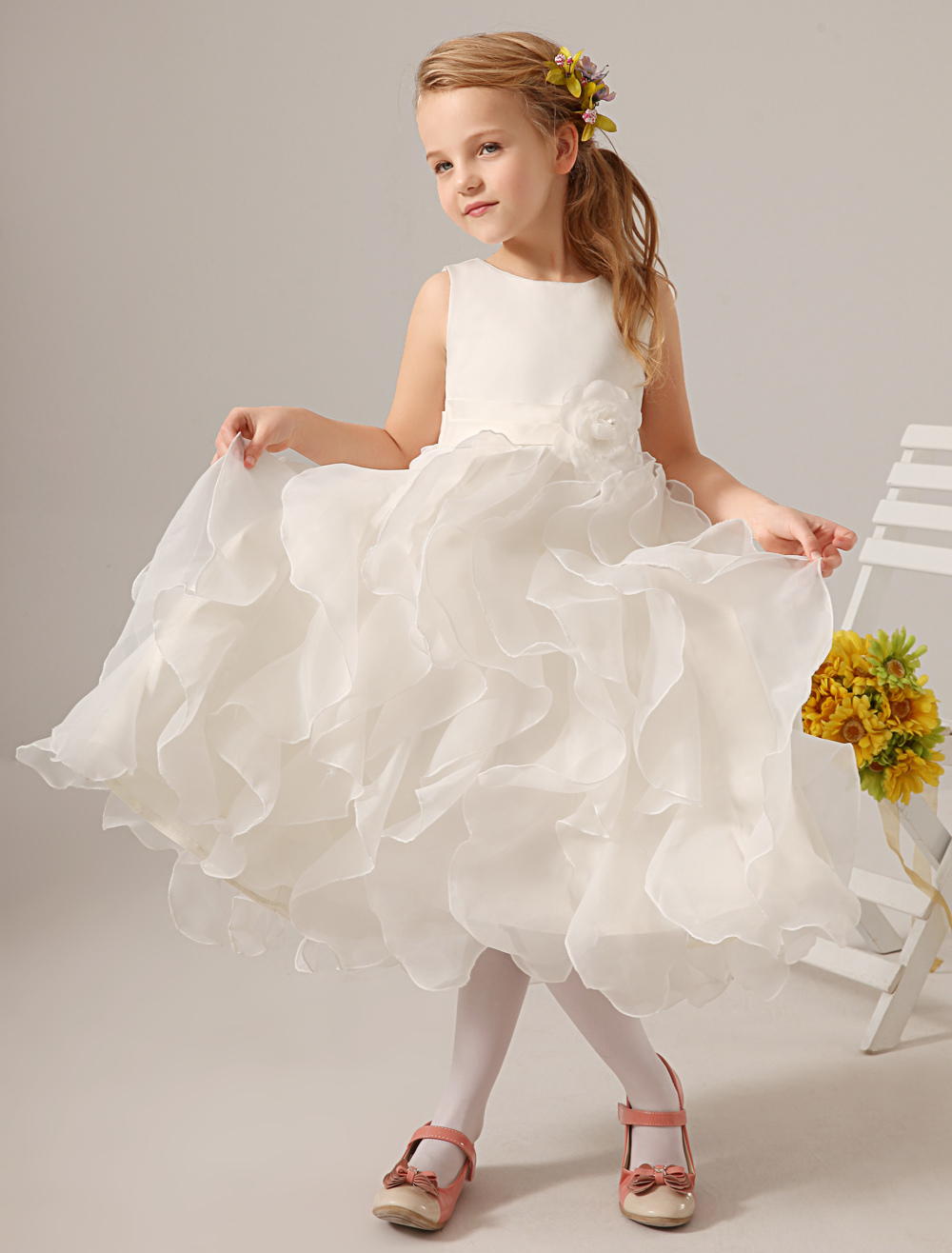 Flower Girl Dresses Ivory Organza Ruffles Sleeveless Satin Tea Length