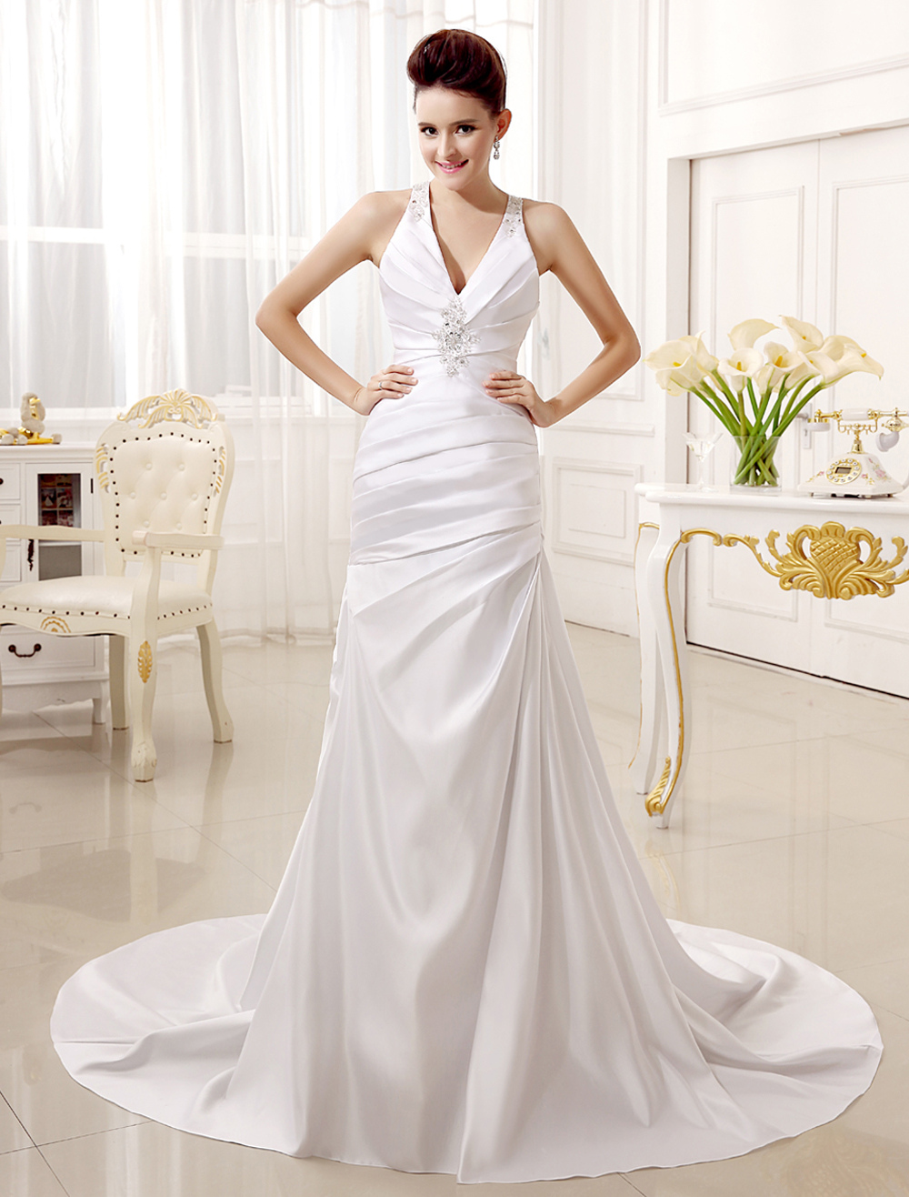 White Brides Wedding Dress with V-Neck Mermaid Spaghetti Strap ...