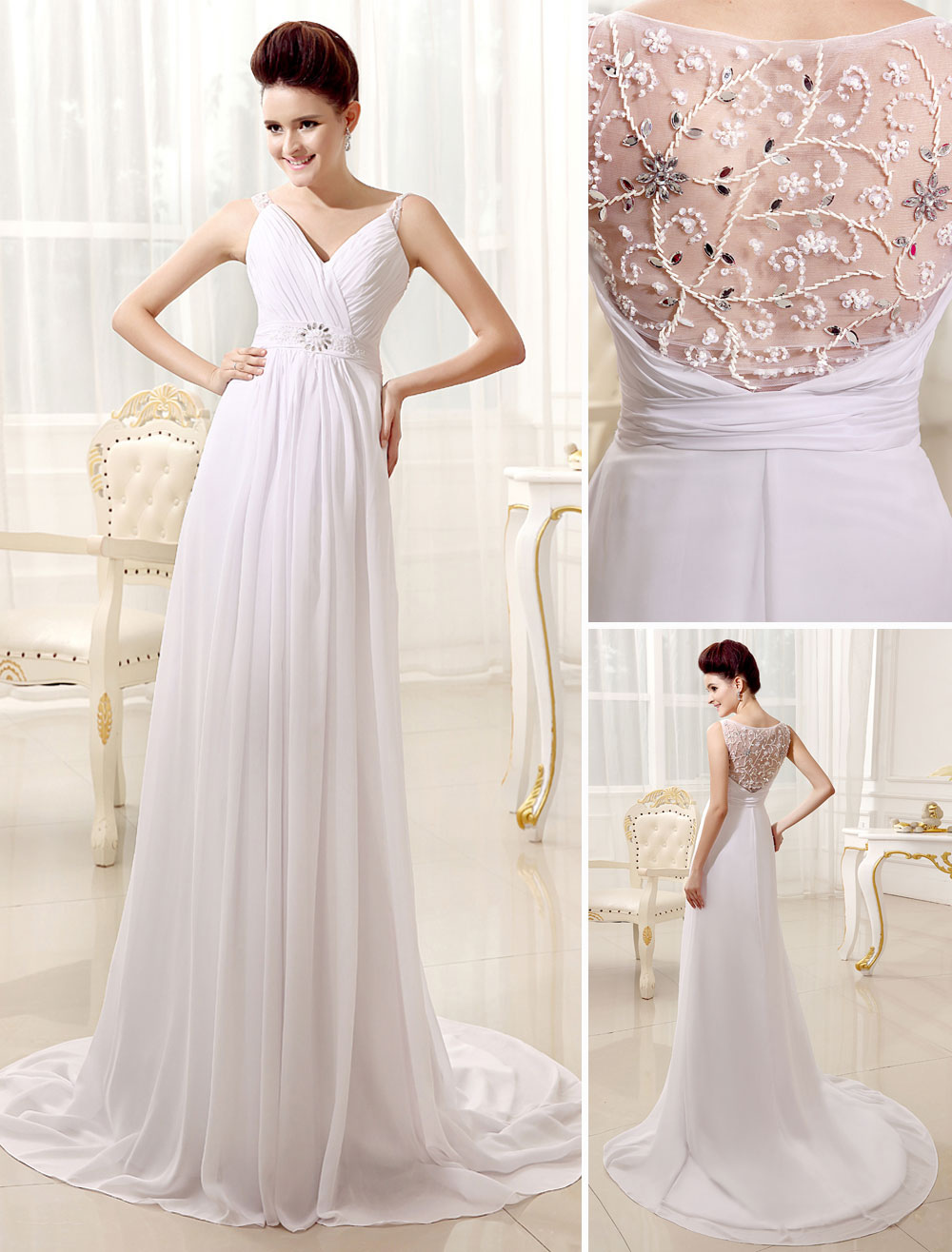 A Line V Neck Spaghetti Strap Pleated White Wedding Dress For