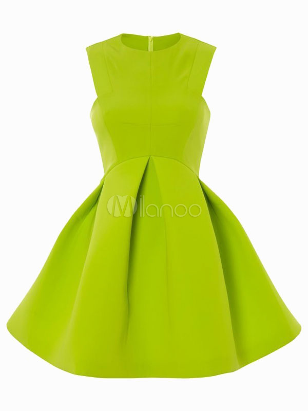 Lemon-Lime Sleeveless Pleated Flare Dress - Milanoo.com