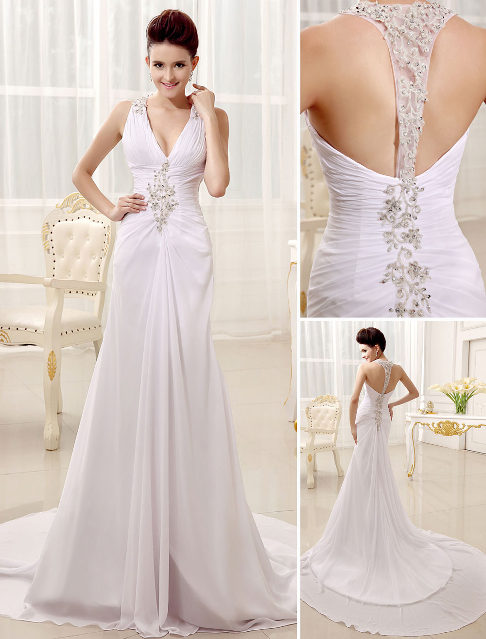 Robe de mariée fourreau en chiffon blanc avec paillettes